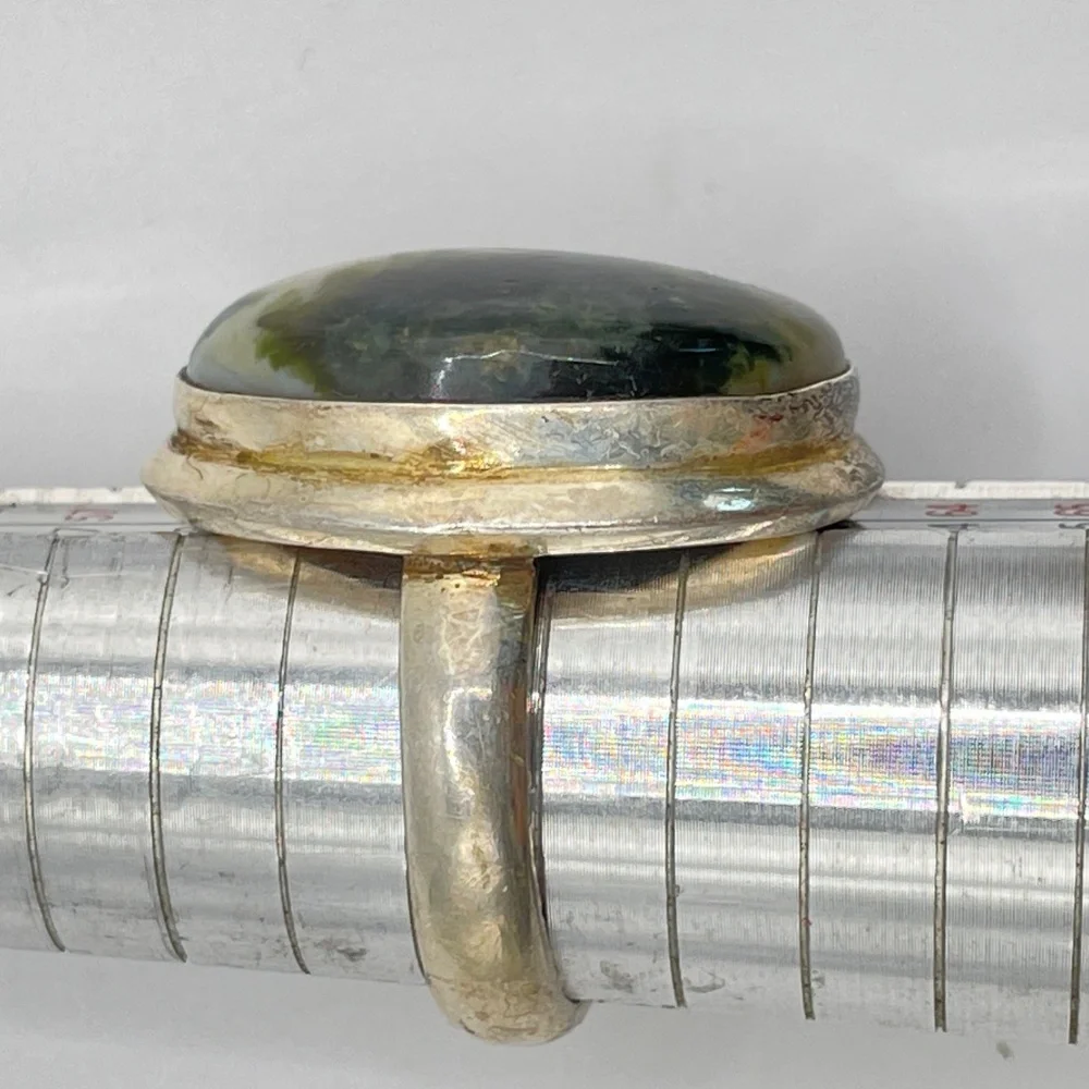 Vintage 925 Sterling Silver Moss Oval Cabochon Chunky Artisan Ring 9 1/4
